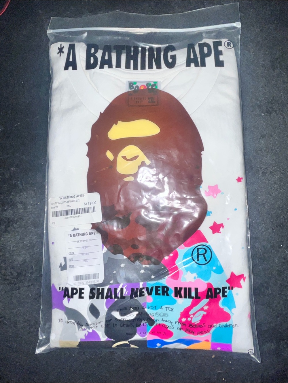 Bape White Short Sleeve Tee with Multicolor Ape Head Graphic
